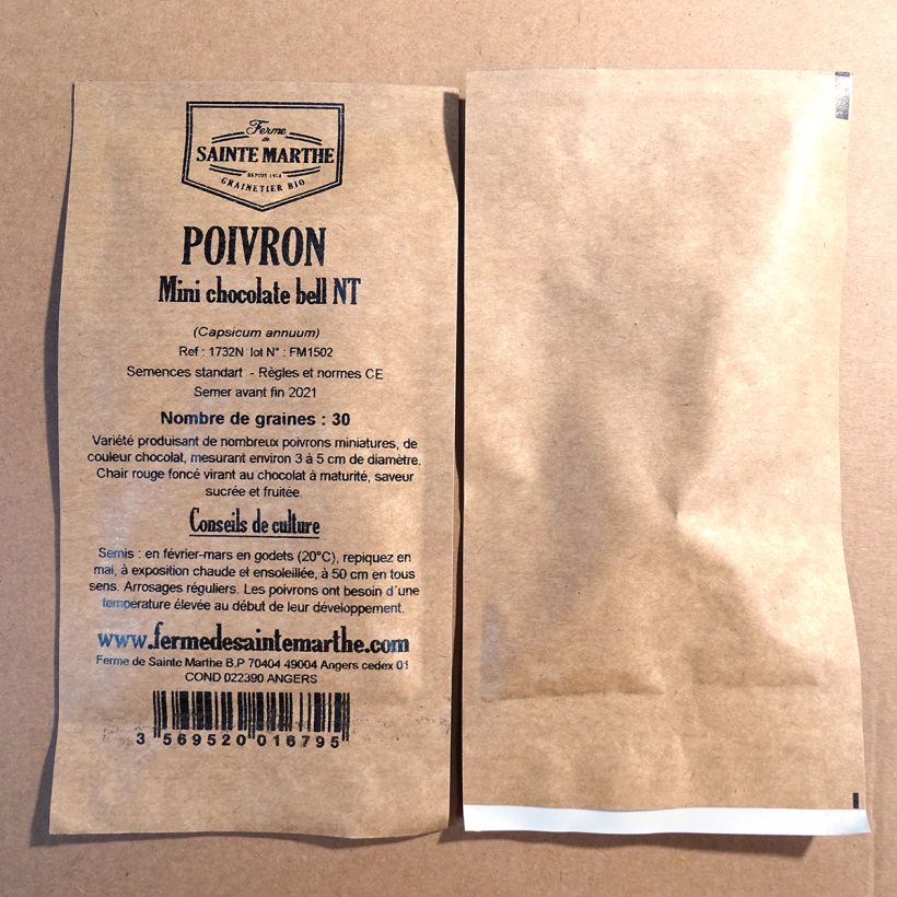 Exemple de spécimen de Poivron mini Chocolate Bell NT - Ferme de Sainte Marthe le sachet de 30 graines (Sachet de 30 grammesg) tel que livré