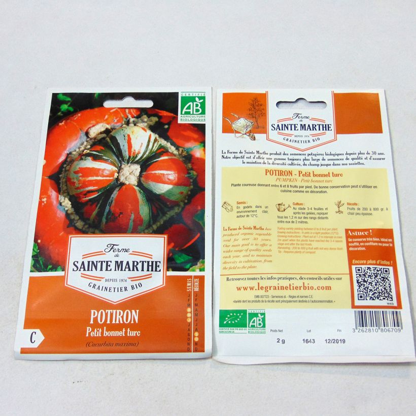 Exemple de spécimen de Potiron Petit Bonnet Turc Bio - Ferme de Ste Marthe Graines tel que livré
