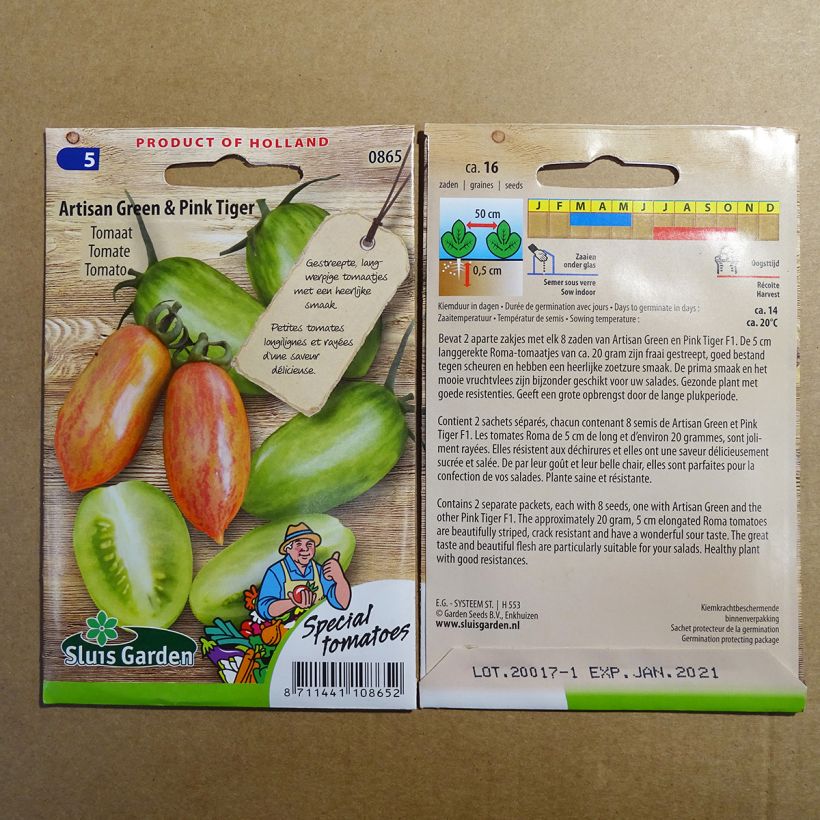 Exemple de spécimen de Tomate Artisan Green Tiger & Pink Tiger Graines tel que livré