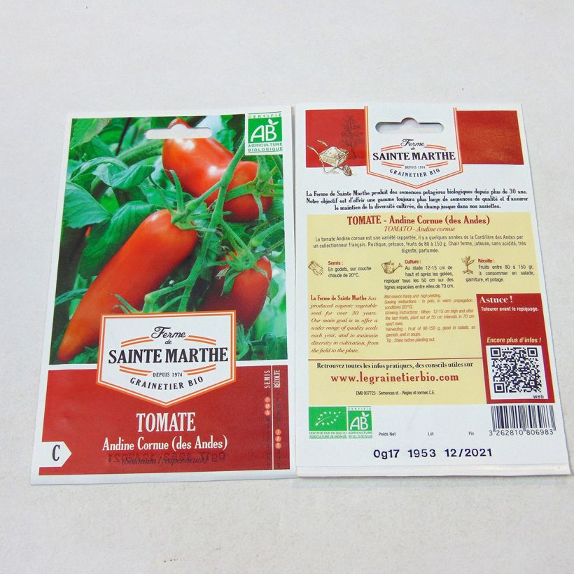 Exemple de spécimen de Tomate Cornue des Andes Bio – Ferme de Sainte Marthe le sachet de 50 graines tel que livré