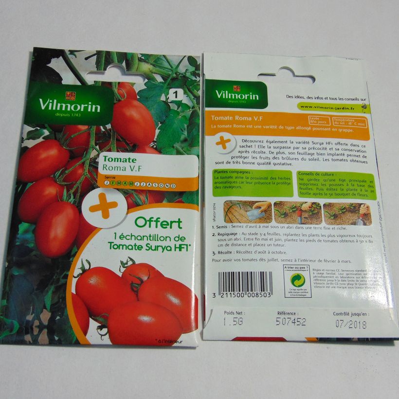 Exemple de spécimen de Tomate Roma V.F  + échantillon Tomate Surya - Vilmorin tel que livré