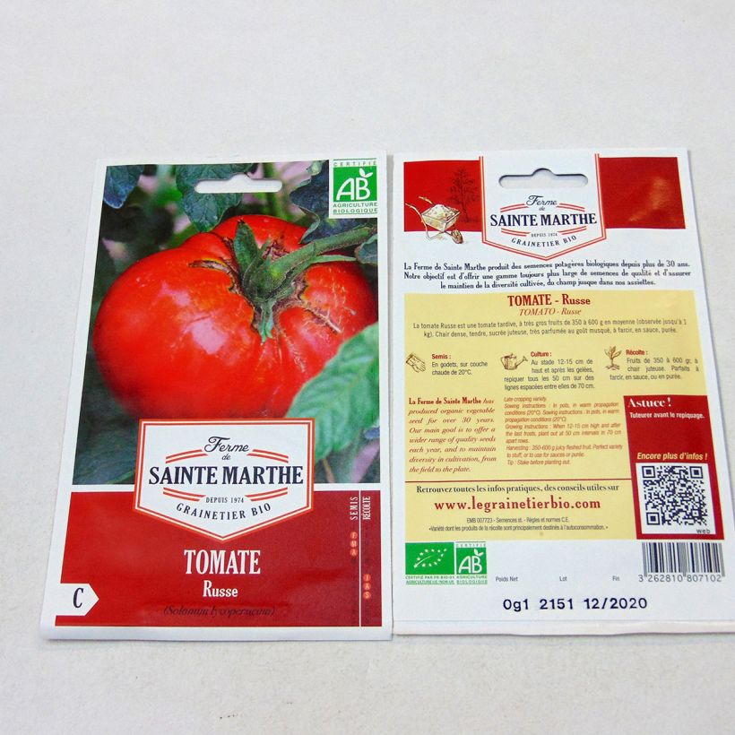 Spécimen de Tomate Russe rouge Bio - Ferme de Sainte Marthe tel que livré en printemps