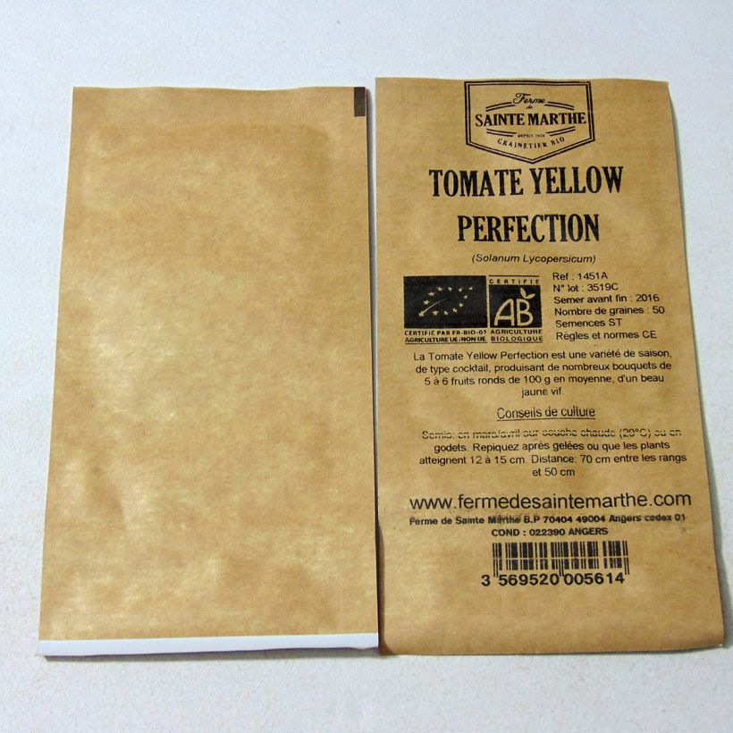 Exemple de spécimen de Tomate Yellow Perfection Bio - Ferme de Sainte Marthe le sachet de 50 graines tel que livré