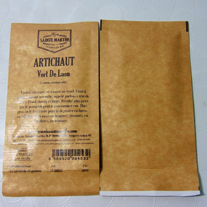 Exemple de spécimen de Artichaut Gros Vert de Laon NT - Ferme de Sainte Marthe le sachet de 30 graines (minimum 2g) tel que livré