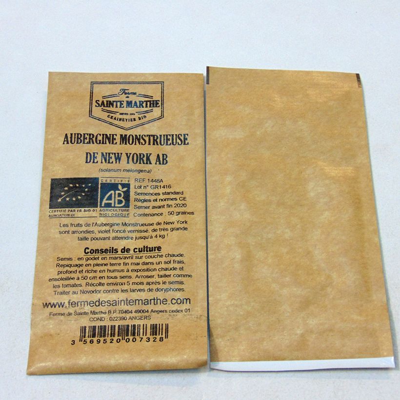 Exemple de spécimen de Aubergine Monstrueuse de New-York Bio - Ferme de Sainte Marthe le sachet de 50 graines tel que livré