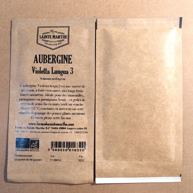Exemple de spécimen de Aubergine Violetta Lunga 3 Bio - Ferme de Sainte Marthe le sachet de 50 graines (0.2g) tel que livré
