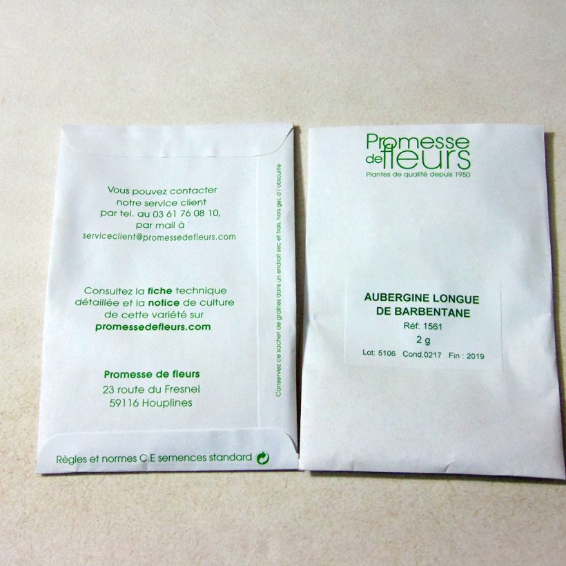 Exemple de spécimen de Aubergine de Barbentane le sachet de +/- 400 graines (minimum 2g) tel que livré