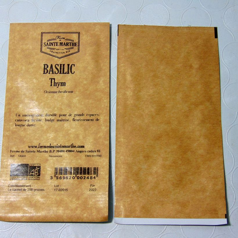 Exemple de spécimen de Basilic Thym Bio - Ferme de Sainte Marthe le sachet de 150 graines tel que livré