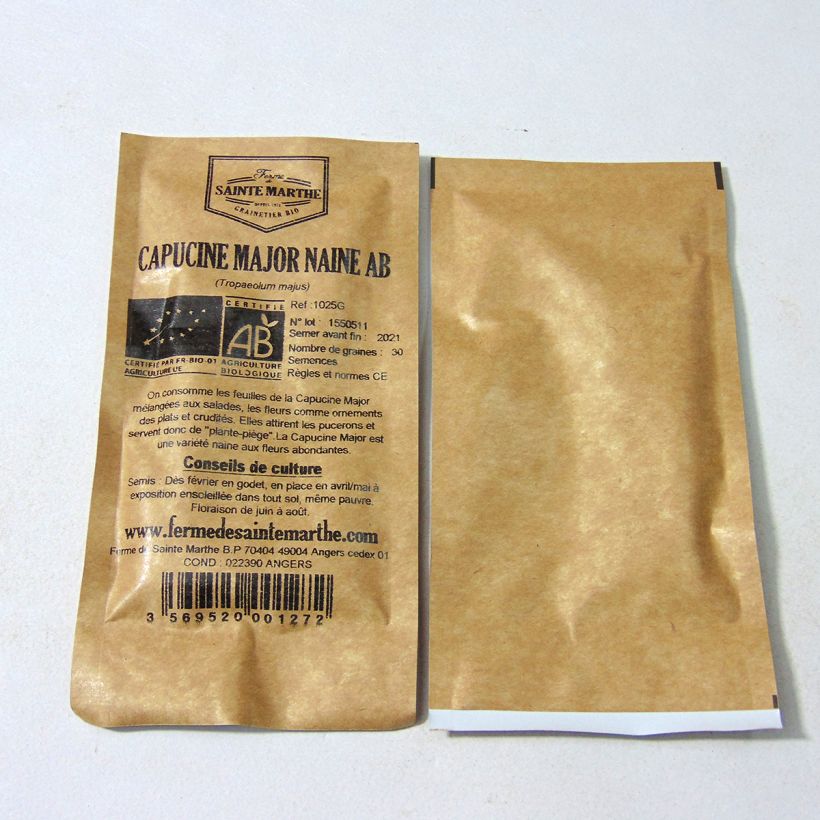 Exemple de spécimen de Capucine Major naine en mélange BIO - Ferme de Sainte Marthe le sachet de 30 graines tel que livré