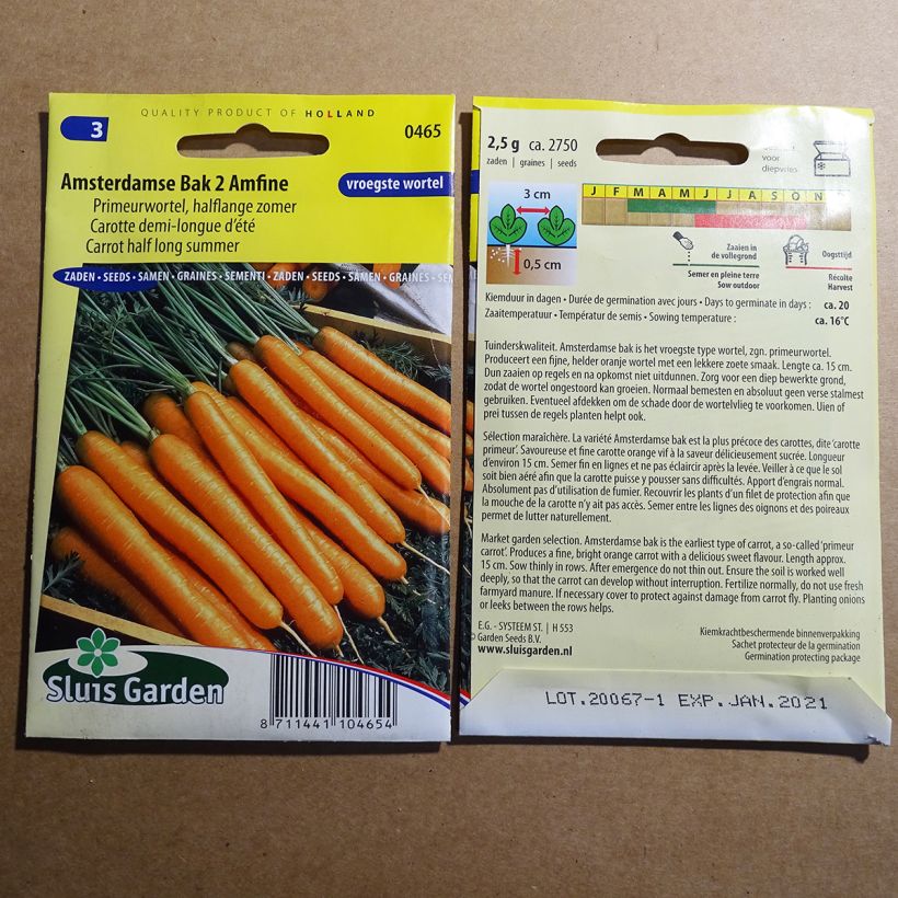 Exemple de spécimen de Carotte Amsterdamse Bak 2 Amfine le sachet de 2750 graines (2g) tel que livré