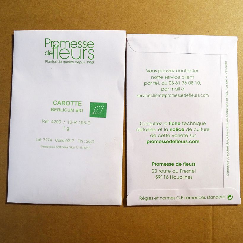 Exemple de spécimen de Carotte Berlikum 2 BIO le sachet de +/- 750 graines (minimum 1g) tel que livré