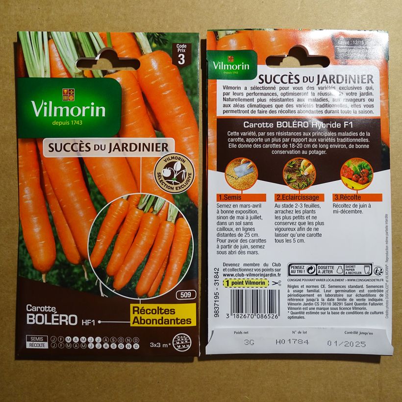 Exemple de spécimen de Carotte Boléro F1 (Création Vilmorin) - Vilmorin le sachet de 1500 graines (3g) tel que livré