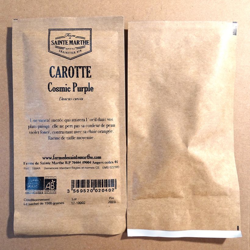 Exemple de spécimen de Carotte Cosmic Purple Bio - Ferme de Sainte Marthe le sachet de 1500 graines tel que livré