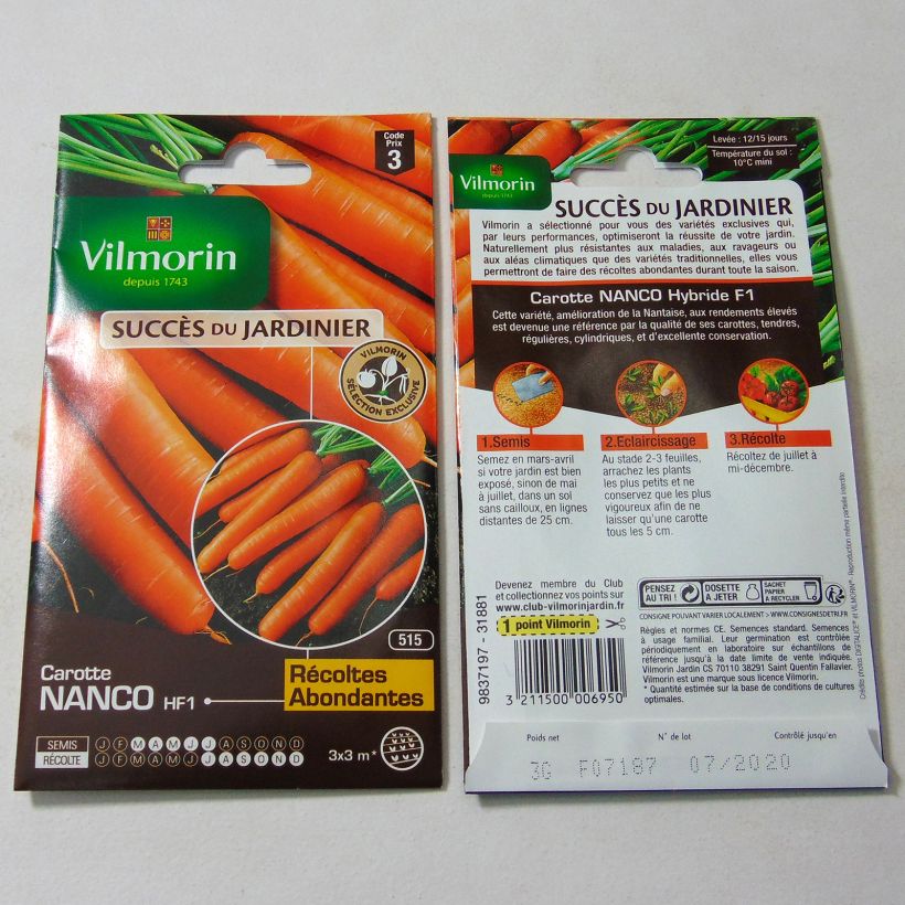 Exemple de spécimen de Carotte Nanco F1 (Création Vilmorin) - Vilmorin le sachet de 1500 graines (3g) tel que livré