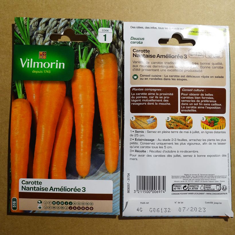 Exemple de spécimen de Carotte Nantaise améliorée 3 - Vilmorin le sachet de 3600 graines (4g) tel que livré