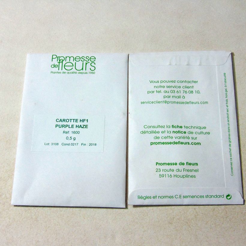 Exemple de spécimen de Carotte Purple Haze F1 le sachet de +/- 400 graines (minimum 0,5g) tel que livré
