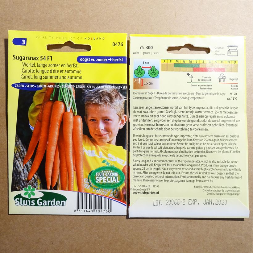 Exemple de spécimen de Carotte Sugarsnax 54 F1 le sachet de 300 graines tel que livré
