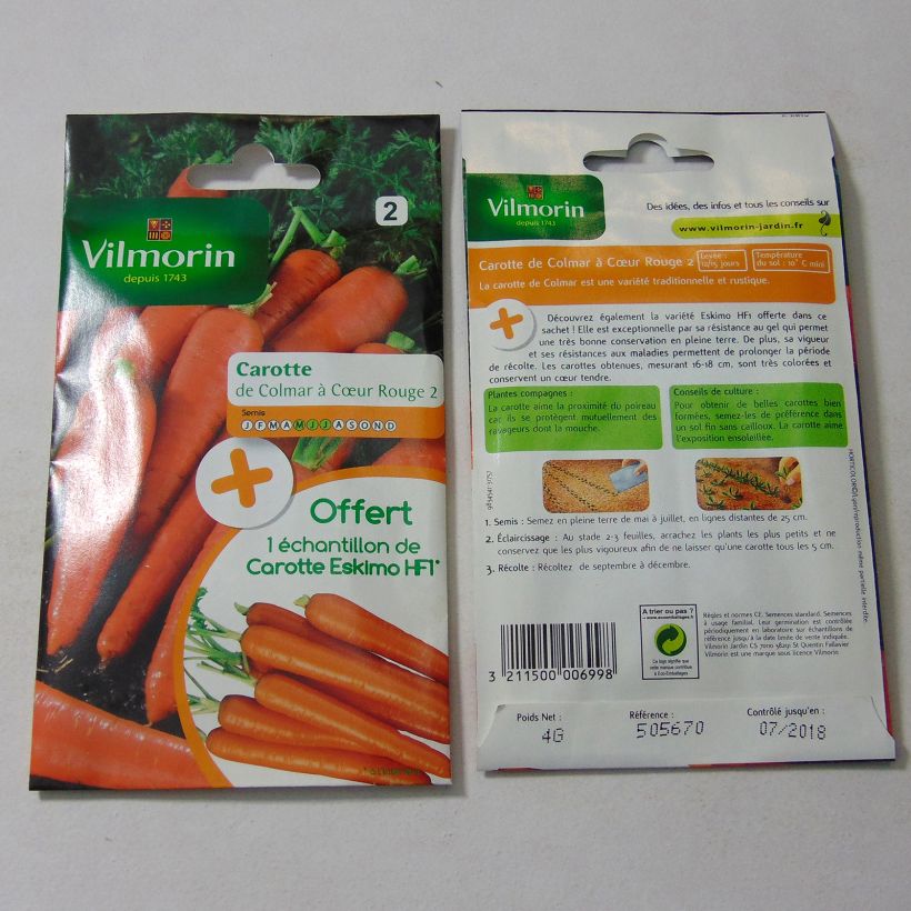 Exemple de spécimen de Carotte de Colmar à cœur rouge 2 + échantillon carotte Eskimo - Vilmorin le sachet de 2000 graines (4g) tel que livré