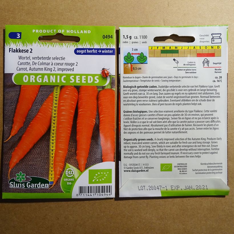 Exemple de spécimen de Carotte de Colmar à coeur rouge 2 improved Bio le sachet de 3000 graines (4g) tel que livré