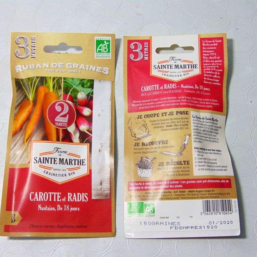 Exemple de spécimen de Carte ruban de Carotte Nantaise - Radis de 18 jours - Bio - Ferme de Sainte Marthe Livré en ruban de 3 mètres tel que livré