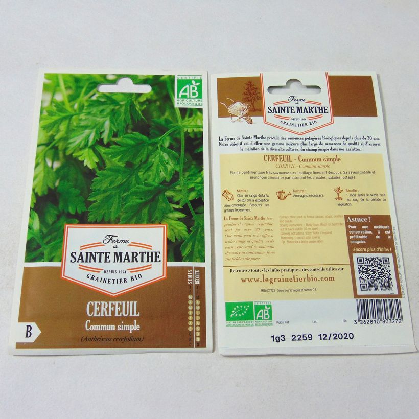 Exemple de spécimen de Cerfeuil commun Bio - Ferme de Sainte Marthe le sachet de +/- 500 graines (minimum 1,5g) tel que livré