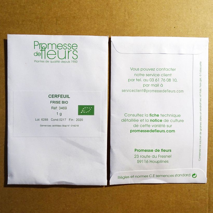 Exemple de spécimen de Cerfeuil frisé Bio le sachet de 500 graines (1,5g) tel que livré