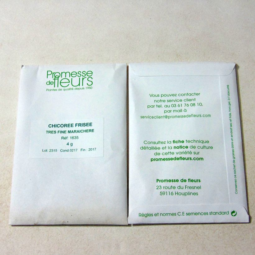 Exemple de spécimen de Chicorée frisée Très Fine Maraîchère - Cichorium endivia var. crispum le sachet de +/- 2500 graines (minimum 4g) tel que livré