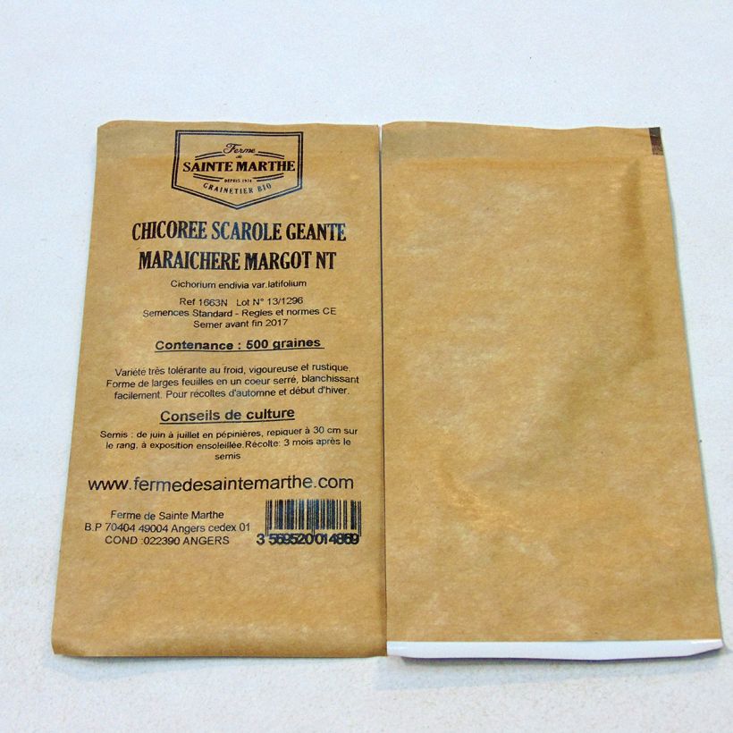 Exemple de spécimen de Chicorée scarole Géante Maraîchère Margot NT - Ferme de Sainte Marthe le sachet de 500 graines tel que livré