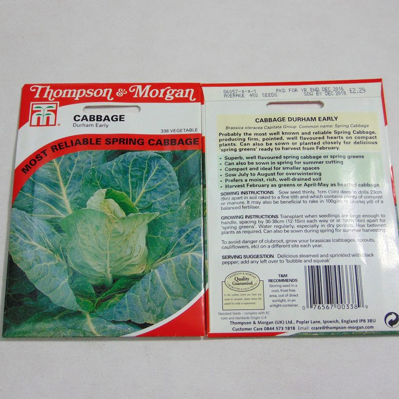 Exemple de spécimen de Chou Cabus Durham Early le sachet de 450 graines tel que livré