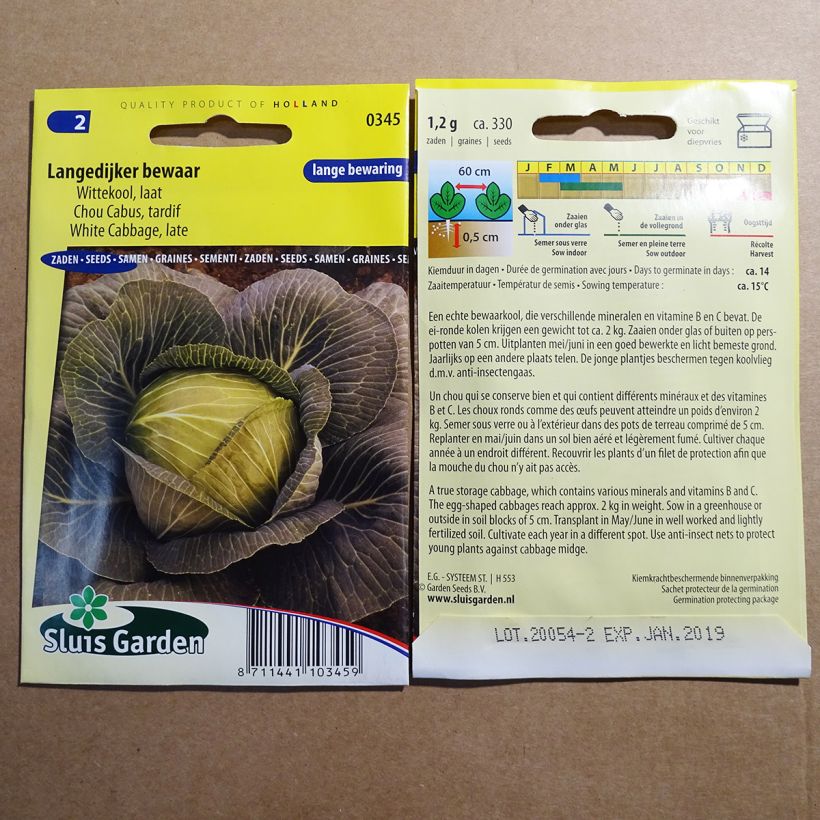 Exemple de spécimen de Chou Cabus Langedijker bewaar le sachet de 330 graines (1g) tel que livré