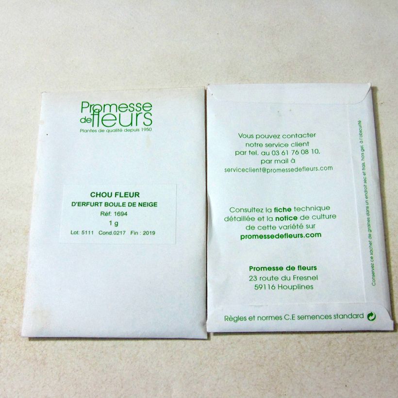 Exemple de spécimen de Chou-Fleur d'Erfurt Boule de Neige le sachet de +/- 200 graines (minimum 1g) tel que livré