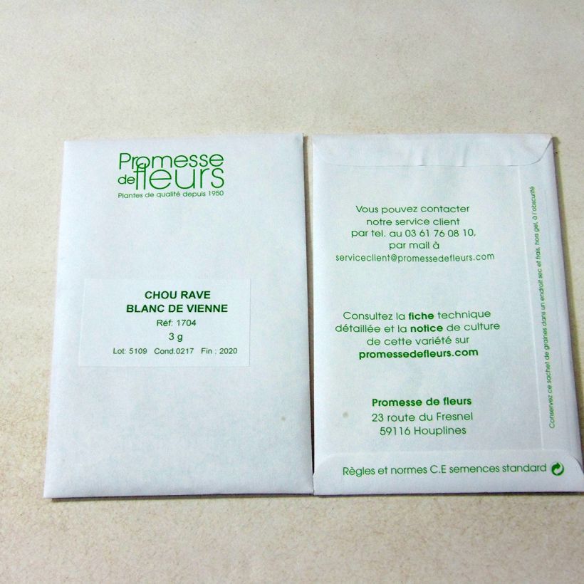 Exemple de spécimen de Chou-Rave blanc hâtif de Vienne le sachet de +/- 300 graines (minimum 3g) tel que livré