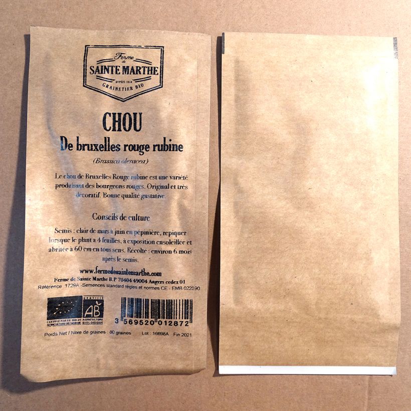 Exemple de spécimen de Chou de Bruxelles Rouge Rubine Bio - Ferme de Sainte Marthe le sachet de 80 graines tel que livré