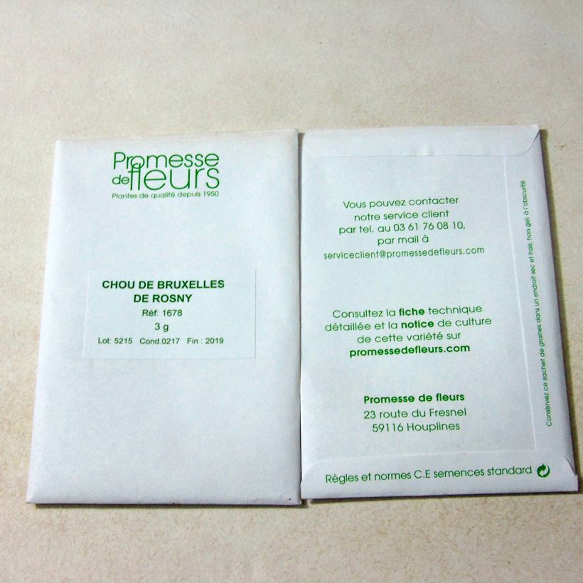 Exemple de spécimen de Chou de Bruxelles de Rosny le sachet de +/- 750 graines (minimum 3g) tel que livré