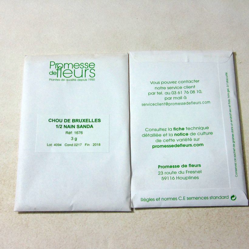 Exemple de spécimen de Chou de Bruxelles demi-nain Sanda le sachet de +/- 750 graines (minimum 3g) tel que livré