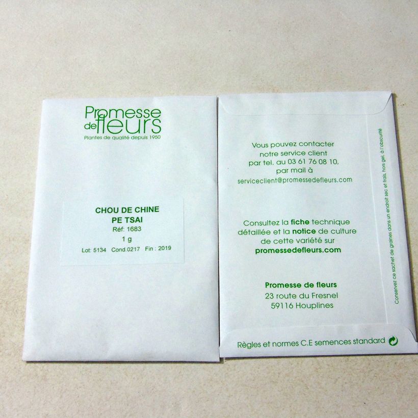Exemple de spécimen de Chou de Chine Pe Tsaï le sachet de +/- 400 graines (minimum 1g) tel que livré