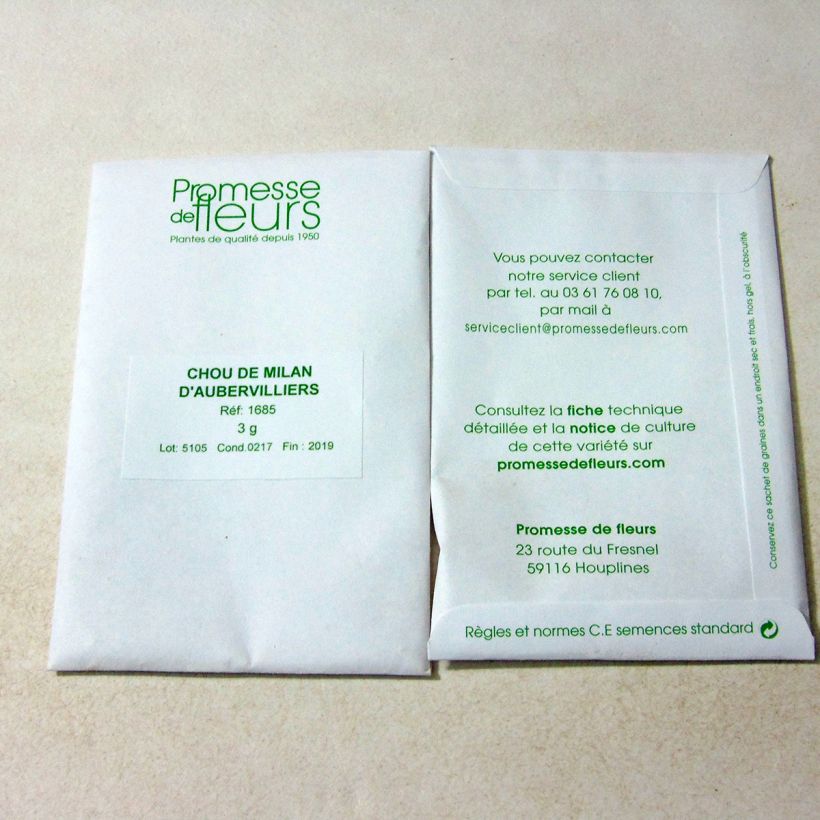 Exemple de spécimen de Chou de Milan d'Aubervilliers le sachet de 850 graines (minimum 3g) tel que livré