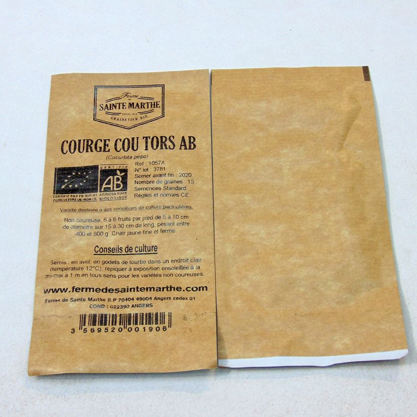 Exemple de spécimen de Courge Cou Tors Bio - Ferme de Sainte Marthe le sachet de 15 graines (1g) tel que livré