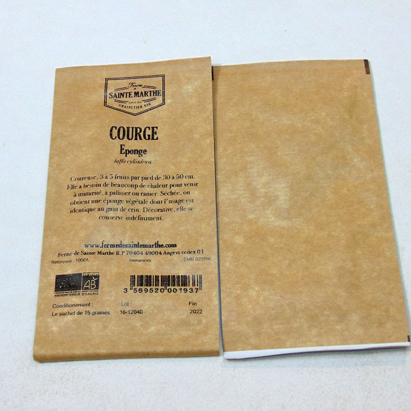Exemple de spécimen de Courge Eponge ou Luffa Bio - Ferme de Sainte Marthe le sachet de 15 graines tel que livré