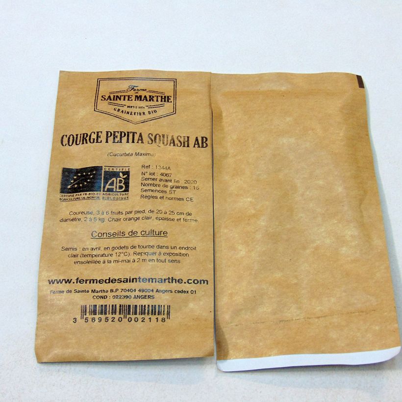 Exemple de spécimen de Courge Pepita Squash Bio - Ferme de Sainte Marthe  le sachet de 20 graines (6g) tel que livré