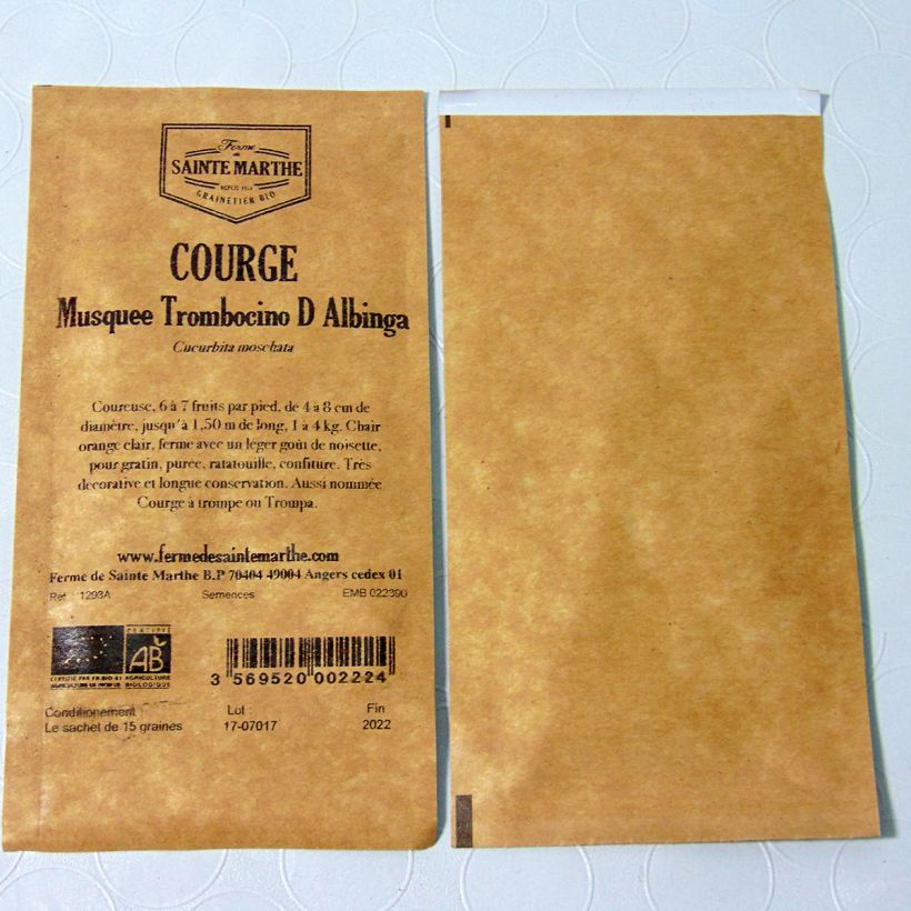 Exemple de spécimen de Courge Tromboncino d'Albenga Bio - Ferme de Sainte Marthe le sachet de 20 graines (1g) tel que livré