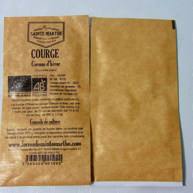 Exemple de spécimen de Courge d'hiver ou Cornue d'hiver Bio - Ferme de Sainte Marthe le sachet de 20 graines (1g) tel que livré