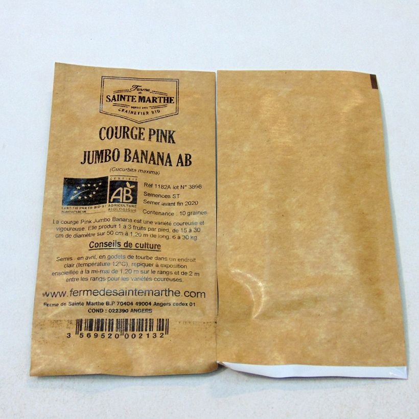 Exemple de spécimen de Courge ou Potiron Pink Jumbo Banana Bio - Ferme de Sainte Marthe  le sachet de 10 graines (2g) tel que livré