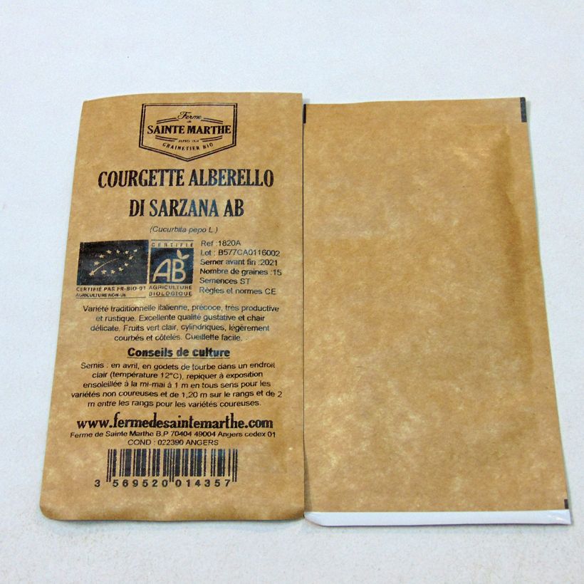 Exemple de spécimen de Courgette Alberello di Sarzana Bio - Ferme de Sainte Marthe le sachet de 15 graines (2g) tel que livré