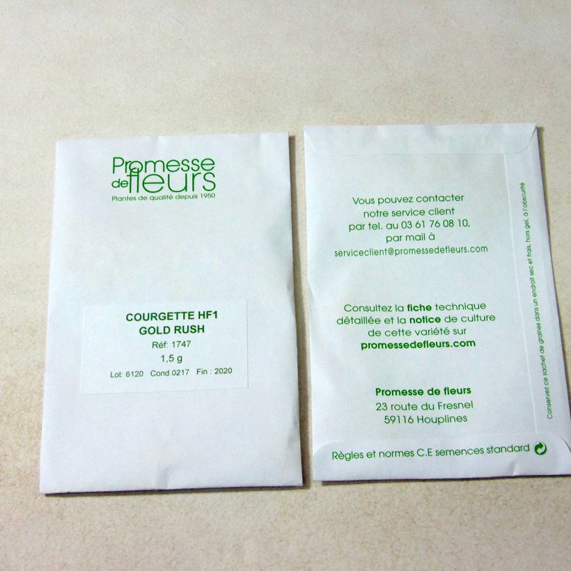 Exemple de spécimen de Courgette Gold Rush F1 le sachet de +/- 10 graines (minimum 1,5g) tel que livré