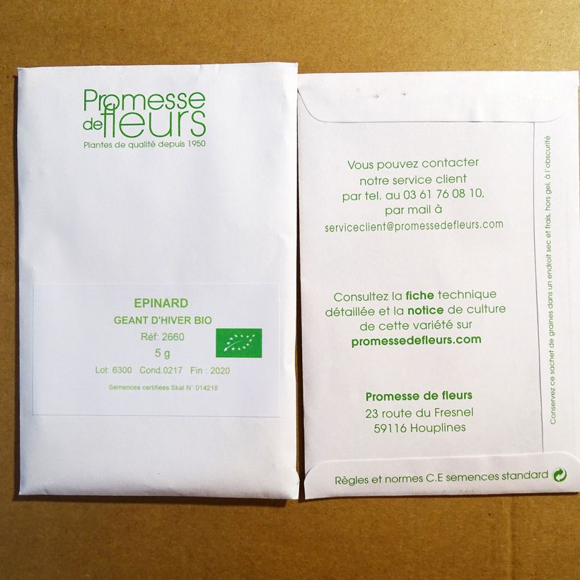 Exemple de spécimen de Epinard Géant d'Hiver Bio le sachet de +/- 500 graines (minimum 8g) tel que livré