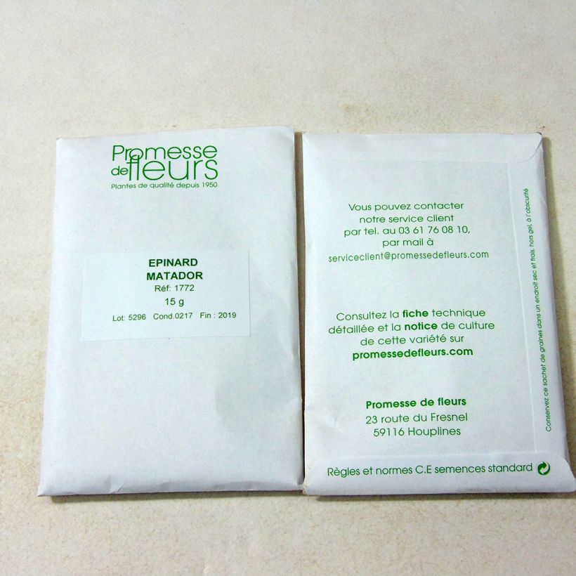 Exemple de spécimen de Epinard Matador Foncé le sachet de +/- 1000 graines (minimum 15g) tel que livré