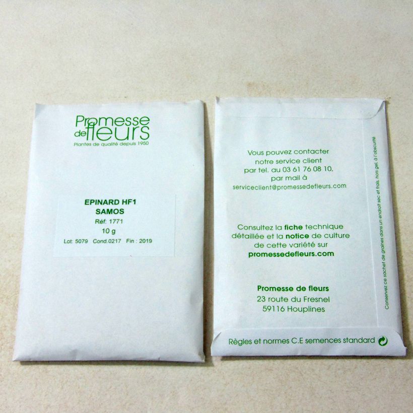 Exemple de spécimen de Epinard Samos F1 le sachet de +/- 700 graines (minimum 10g) tel que livré