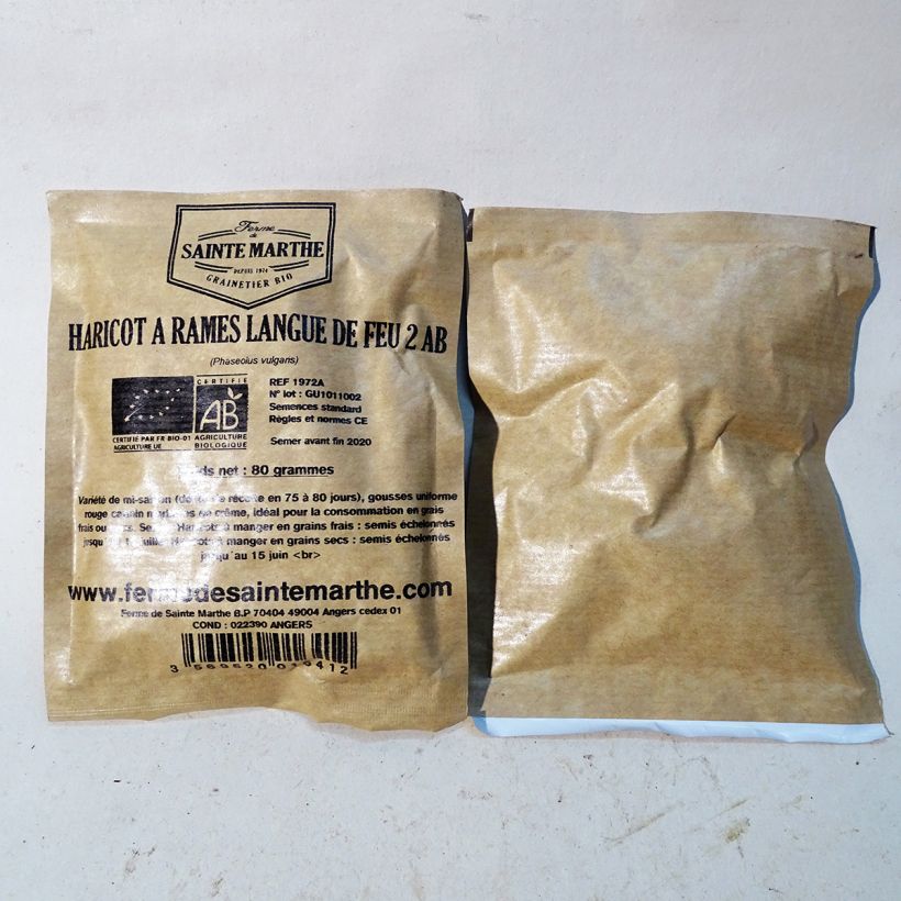 Exemple de spécimen de Haricot Langue de Feu 2 (à rame à écosser) Bio - Ferme de Sainte Marthe le sachet de 160 graines (80g) tel que livré