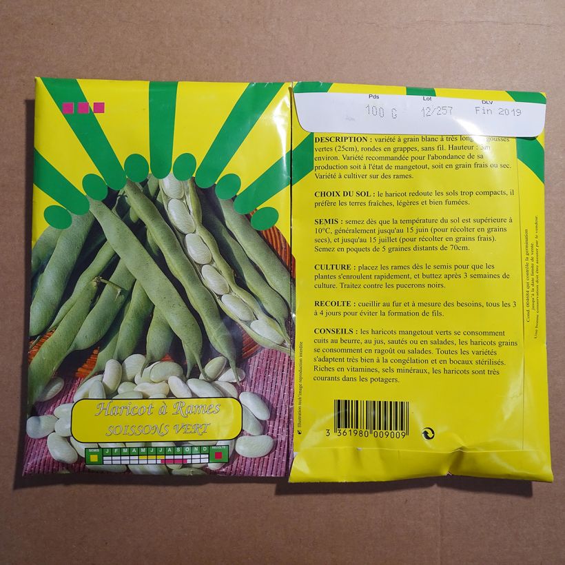 Exemple de spécimen de Haricot à rames à écosser Soissons vert le sachet de 200 graines (100g) tel que livré